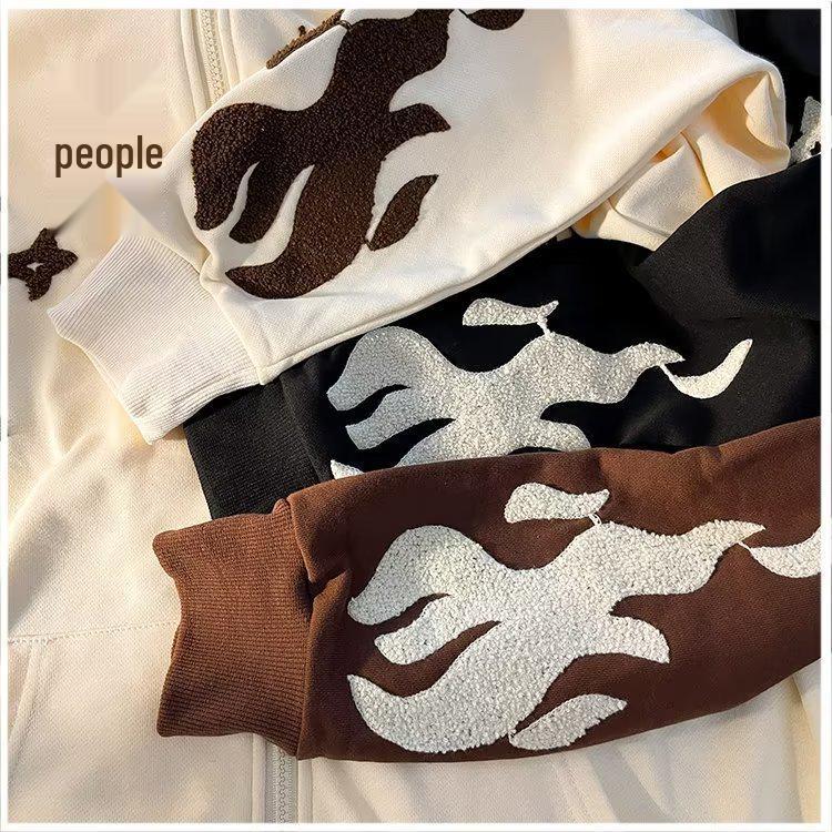 Men's Hooded Zip-Up Cardigan Sweatshirt with Cross & Flame Embroidery, Fleece-Lined, Trendy Loose Fit for Couples, Perfect for Spring and Autumn.