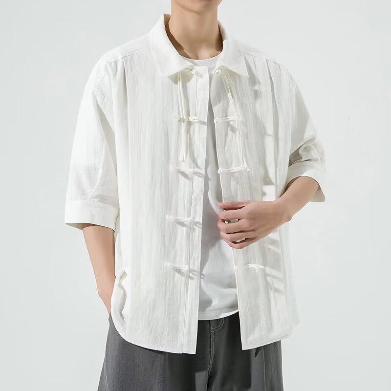 New Chinese Style Long Sleeved Shirt With Button Closure For Men'S Spring And Autumn Designs, Oversized Tang Style Shirt, High-End Hanfu Taoist Robe