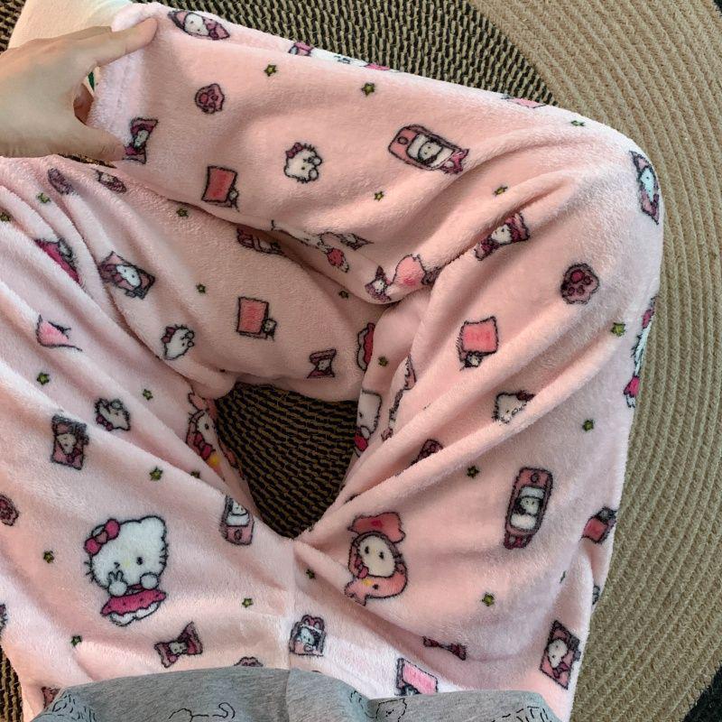 Korean Style Women's Fleece Pajama Pants - Flannel Cartoon Design for Autumn and Winter