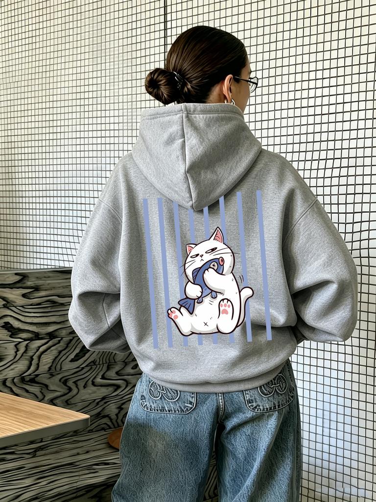 Women's hooded sweatshirt, featuring cat and fish patterns, with a casual style, suitable for running, Y2K trend