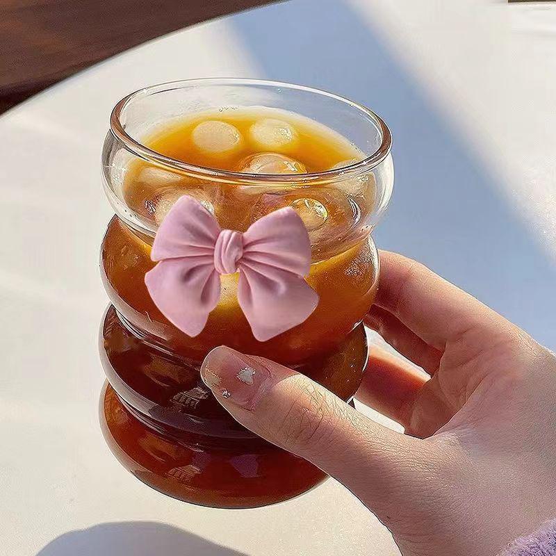 1PCS, Girls Bow Tie High Value Coffee Glass Cups Ins Wind Milk Tea Cups Cute Wind Girly Heart Household Drink Cold Drinks