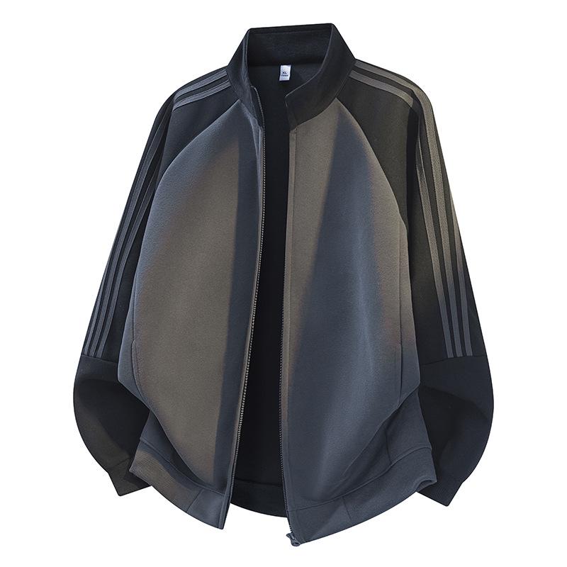 Men's Retro Three-Stripes Color Block Stand Collar Hoodie - Spring/Autumn Loose Fit Zipper Cardigan.