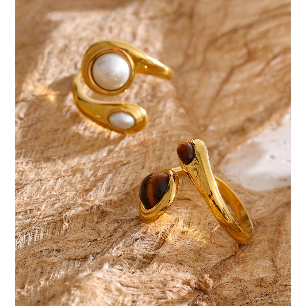 Yhpup Size 8 Natural Tiger Stone Simulated Pearls Finger Ring for Women Stainless Steel Trendy Fashion Daily Jewelry PVD Plated