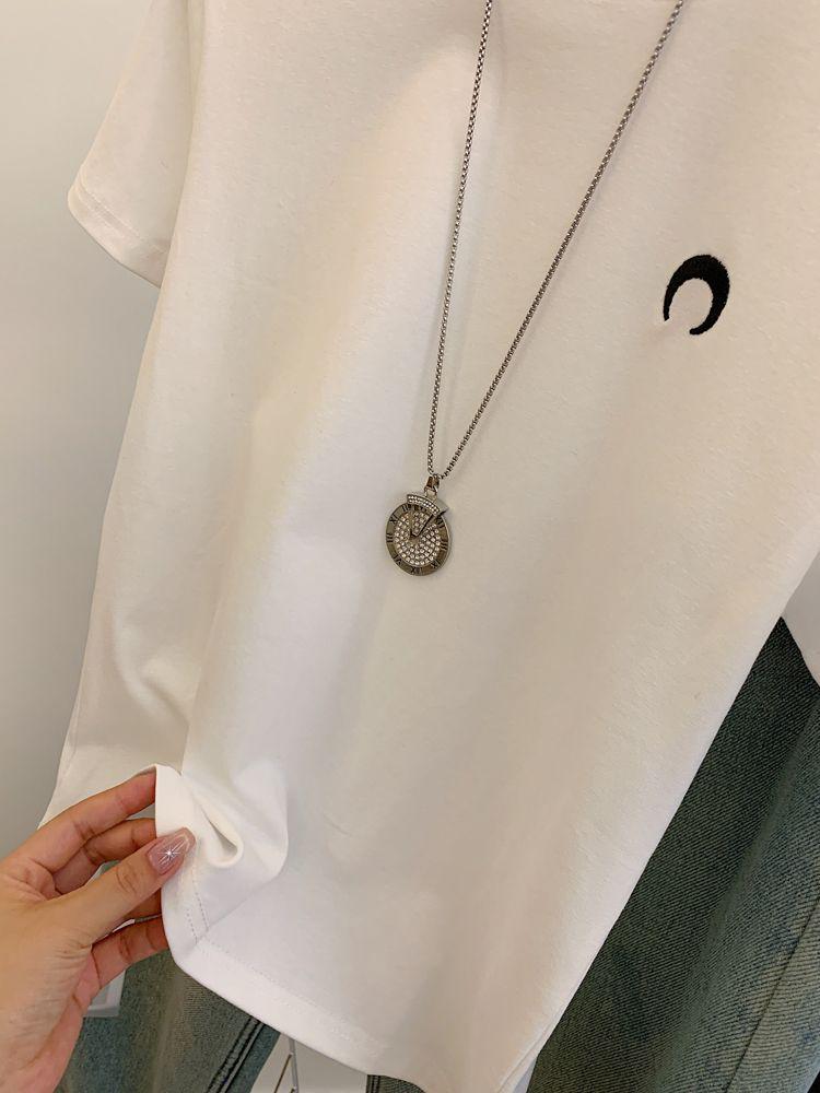 Korean Style Women's Embroidered Cotton Short Sleeve Stand Collar T-shirt