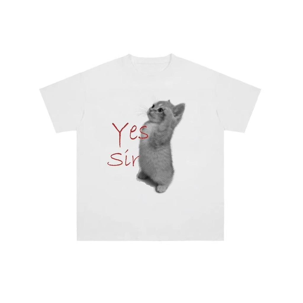 Yes Sir Original Fun Cat Print ShortSleeved Loose Cute Style Pure Cotton TShirt for Men and Women Couples Clothing Top