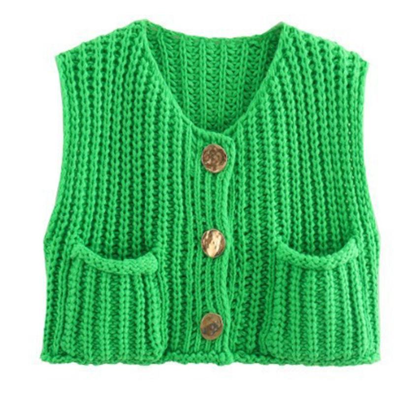 Winter New Women's Clothing Vest Simple Pocket Sleeveless Short Knitted Vest Cardigan Top
