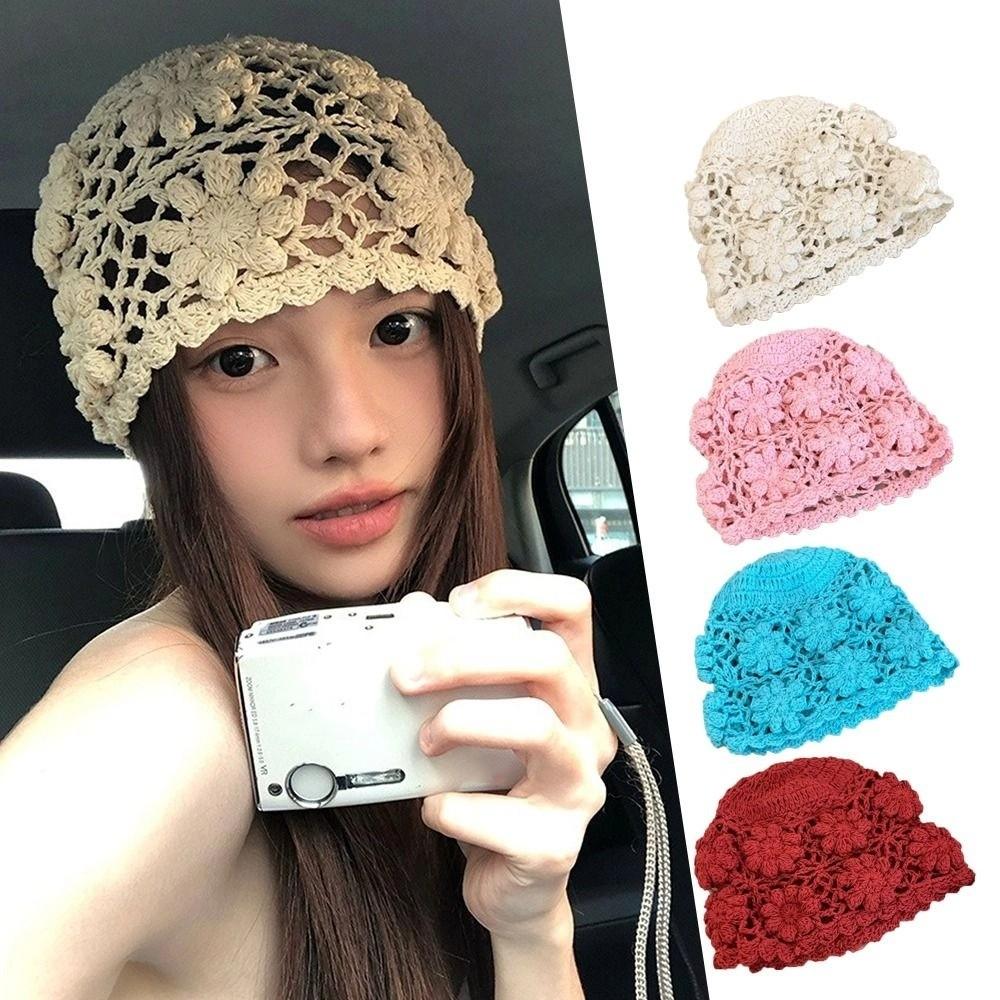 Hollow Crochet Flower Hat Handmade Beanies Cap Casual Knit Basin Caps  Ladies