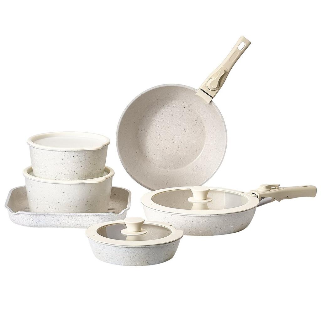 17 Piece Pots and Pans Set Granite Nonstick Kitchen Cookware White