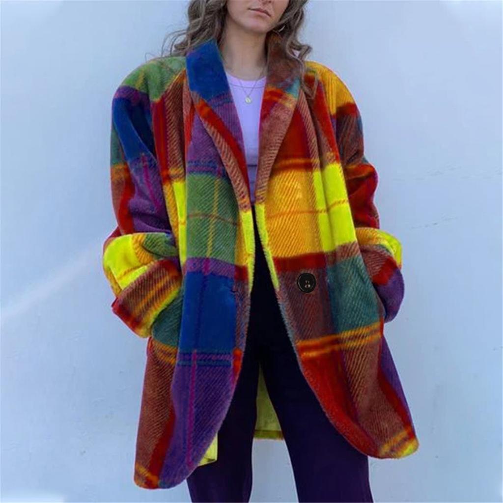 Cappotto da donna in misto lana a quadri colorati, colletto a revers, monopetto, manica lunga, tasche, vestibilità larga e oversize, giacca invernale