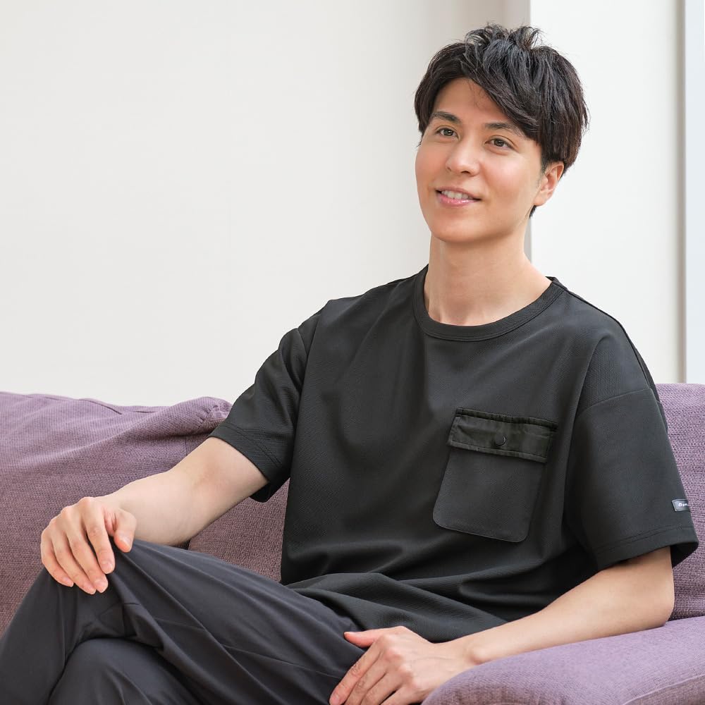 Phiten Recovery Wear Pocket T-Shirt, Black, Size L, Relaxation Wear, Sportswear, Men's, Women's, Unisex, Made with Pique Mesh Material