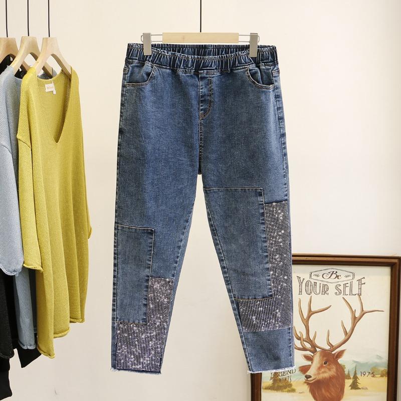 Korean Style Plus Size Slim Fit Jeans For Women With Rhinestone Patchwork
