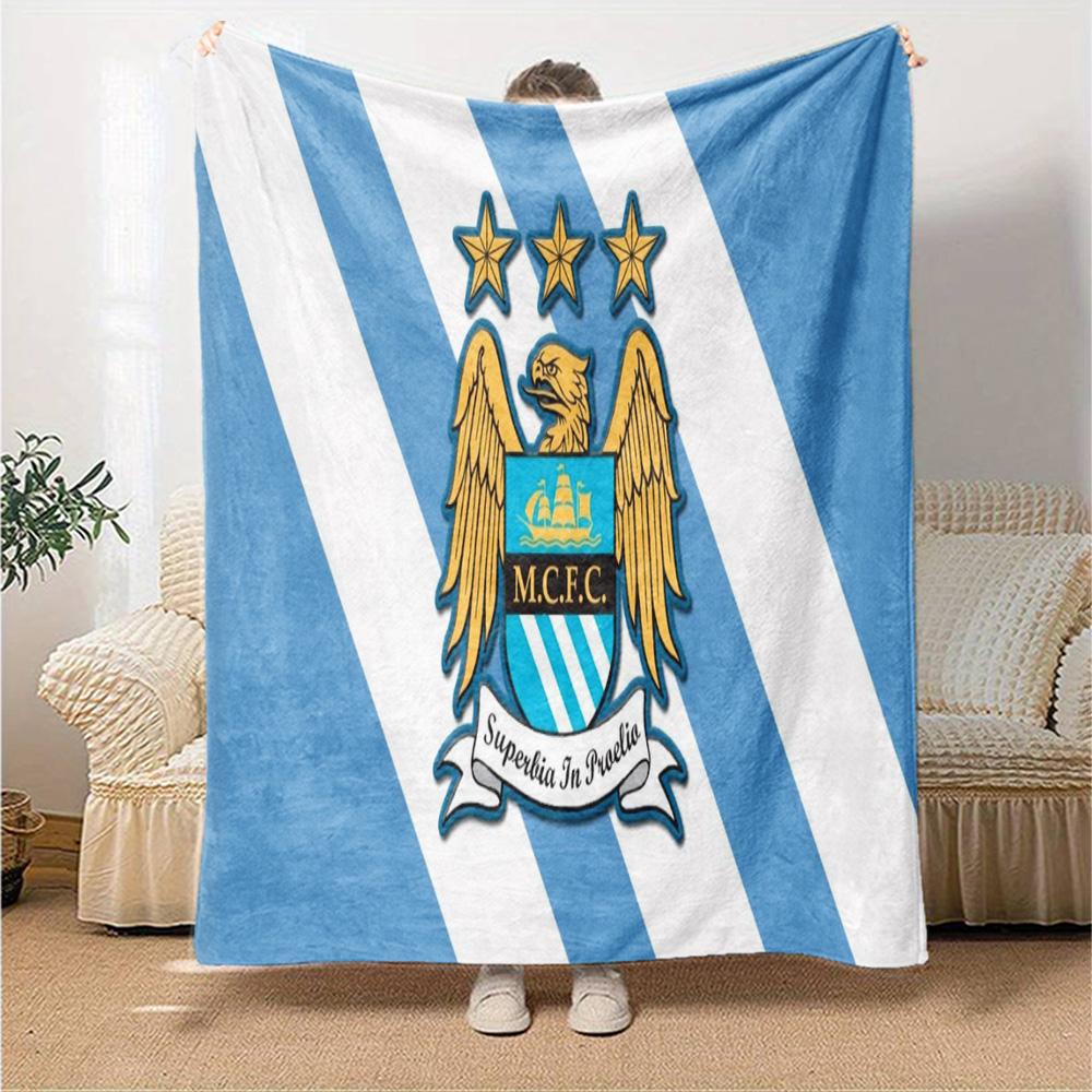 Manchester City Crest Flannel Blanket, Soft Polyester, Modern Design, All-Season for Camping, Travel, Gifts for holidays or birthdays