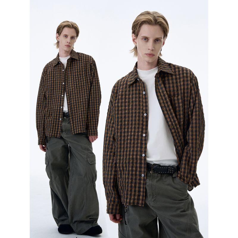 Kisko American Retro Bubble Gauze Plaid Distressed Long-Sleeved Shirt for Men and Women, Handsome Loose Casual Work Clothing Shirt