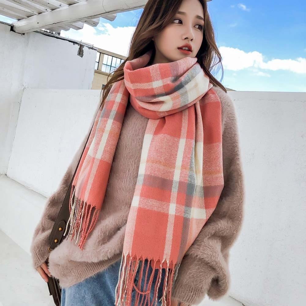Soft Classic Plaid Scarf Cold-proof Long Neckscarf with Tassel Large Knitted Wool Shawl Winter