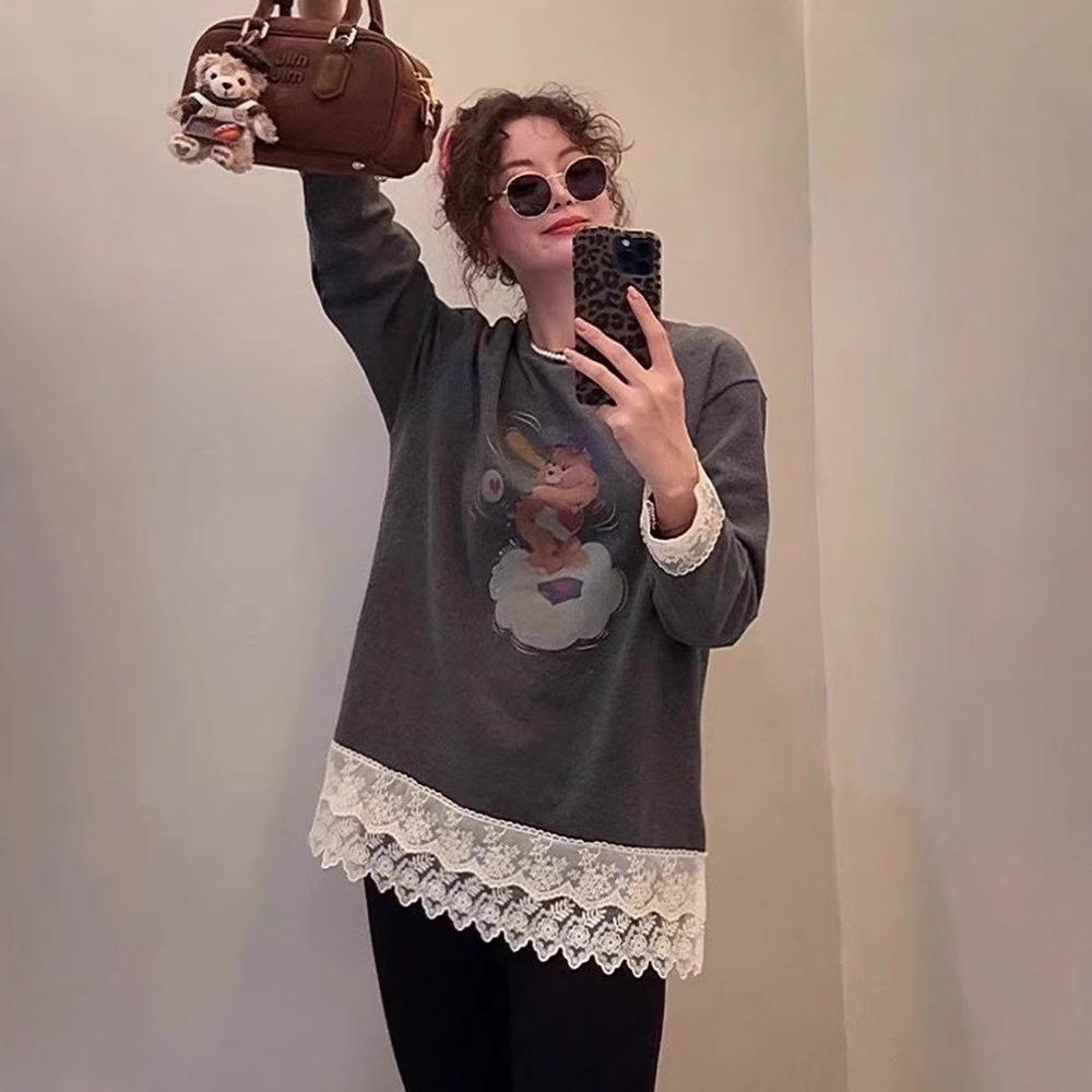 Women's Korean Lace Patchwork Sweatshirt - Spring 2025 Collection, Loose Fit, Round Neck, Thickened Base Layer Top