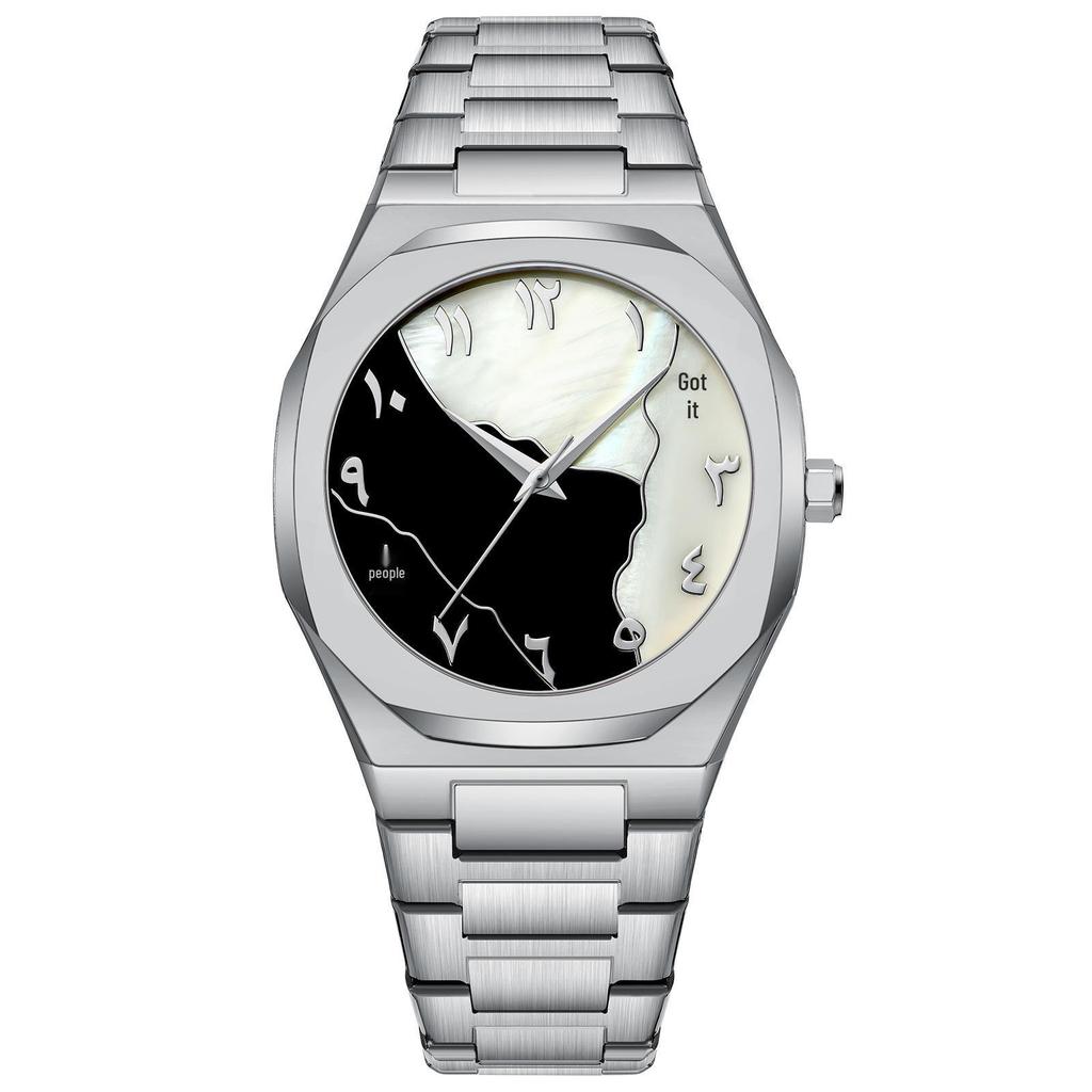 High-End Men's Quartz Watch with Large Dial and Steel Band, featuring Arabic Numerals.