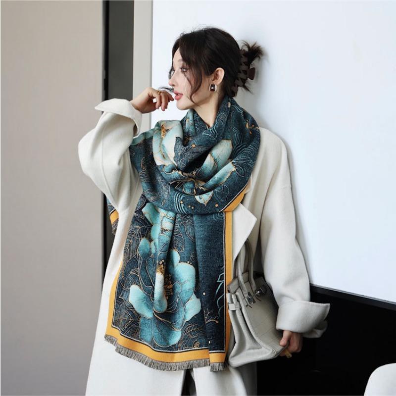 Guochao autumn and winter oil painting peony high-end imitation cashmere shawl literary fashion thickened warm decorative scarf scarf scarf