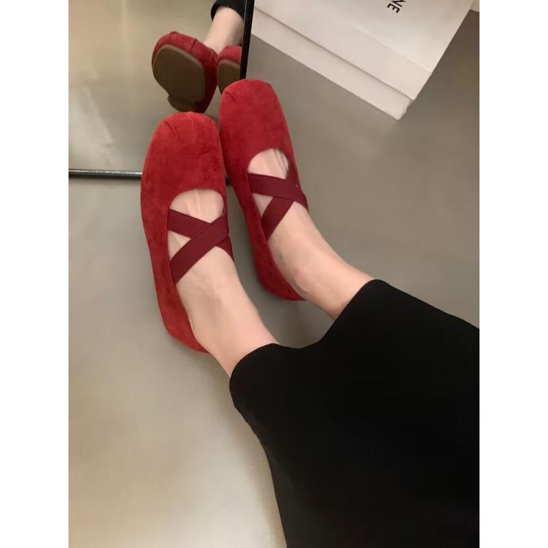 New Ballet Flats for Women Cross-tied Elastic Band Flats Square Toe Slip on Shoes Faux Suede Sneakers Black Zapatos Mujer