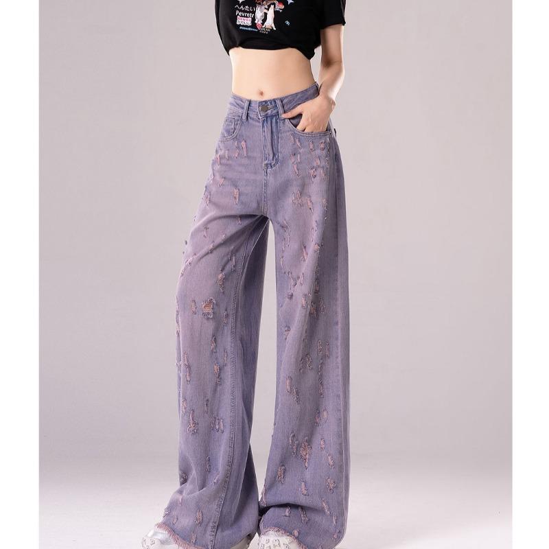 

Фиолетовые джинсы с высокой талией, свободного кроя, с широкими штанинами и рваным краем, модные расклешенные брюки для женщин M фиолетовый