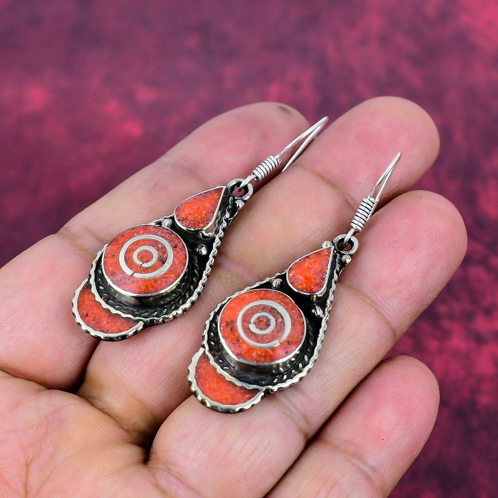 Koralle 925 Massiv Sterlingsilber Nepalesische Ohrringe, Handgefertigte Edelstein-Ohrringe Schmuck, Geschenke für Ehefrau Brandneue Ohrringe