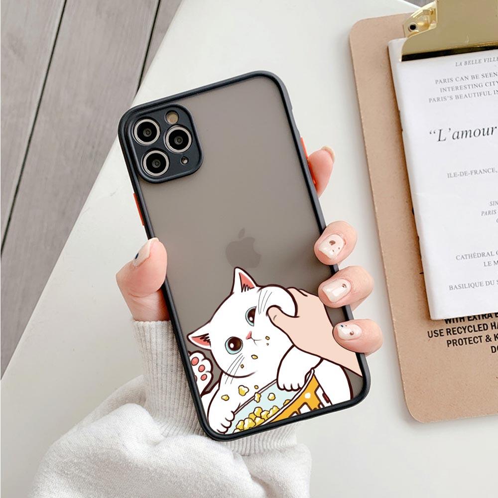 Animal Shockproof Matte Phone Case For Iphone 11 12 13 Pro Max Mini 7 Plus XR X S Cover Cute Pinched Face Eat Snacks Cat Cosplay