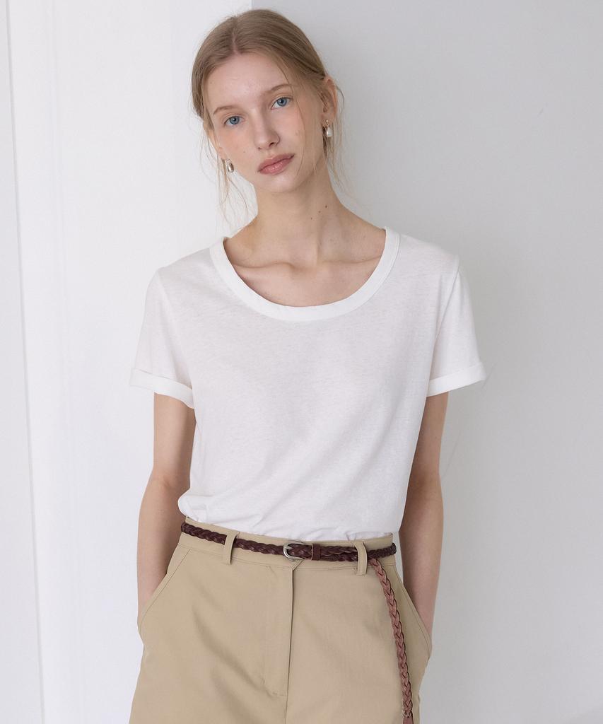 OURHOPE Linen Logo U-Neck T-Shirt - White
