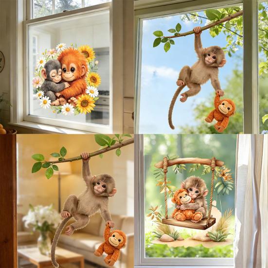 Affen Fenstertattoo Niedlicher Babyaffe PVC-Aufkleber Wiederverwendbare Statische Glasaufkleber für Wohnzimmer Heimdeko