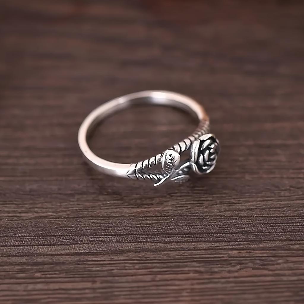 Vintage-style Distressed Flower Ring With 3D Rose, Classical Slim Band Ring, Charming Temperament Index Finger Ring