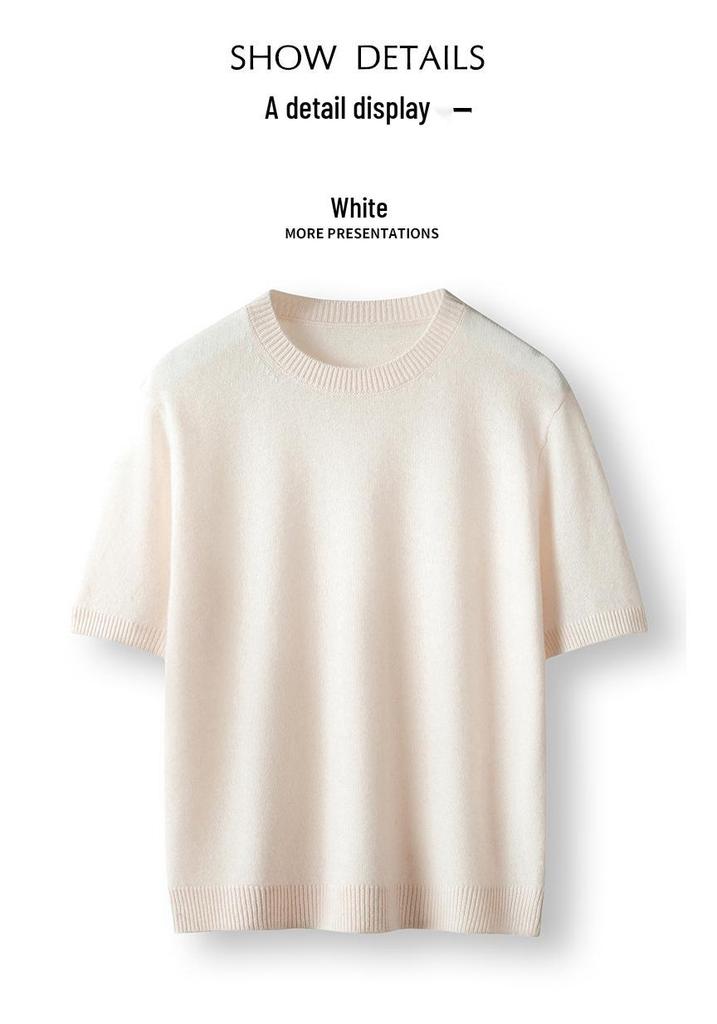 Solid Color Cashmere Blend Sweater, Lightweight, Short-Sleeved, Round Neck, Relaxed Fit, Five-Point Sleeves, Ideal for Layering