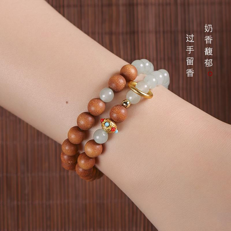 Natural Golden sandalwood/Green Sandalwood DIY Creative Mixed-Style Crystal Rosary Bead Bracelet In Forest-Inspired Artistic Style for Women,