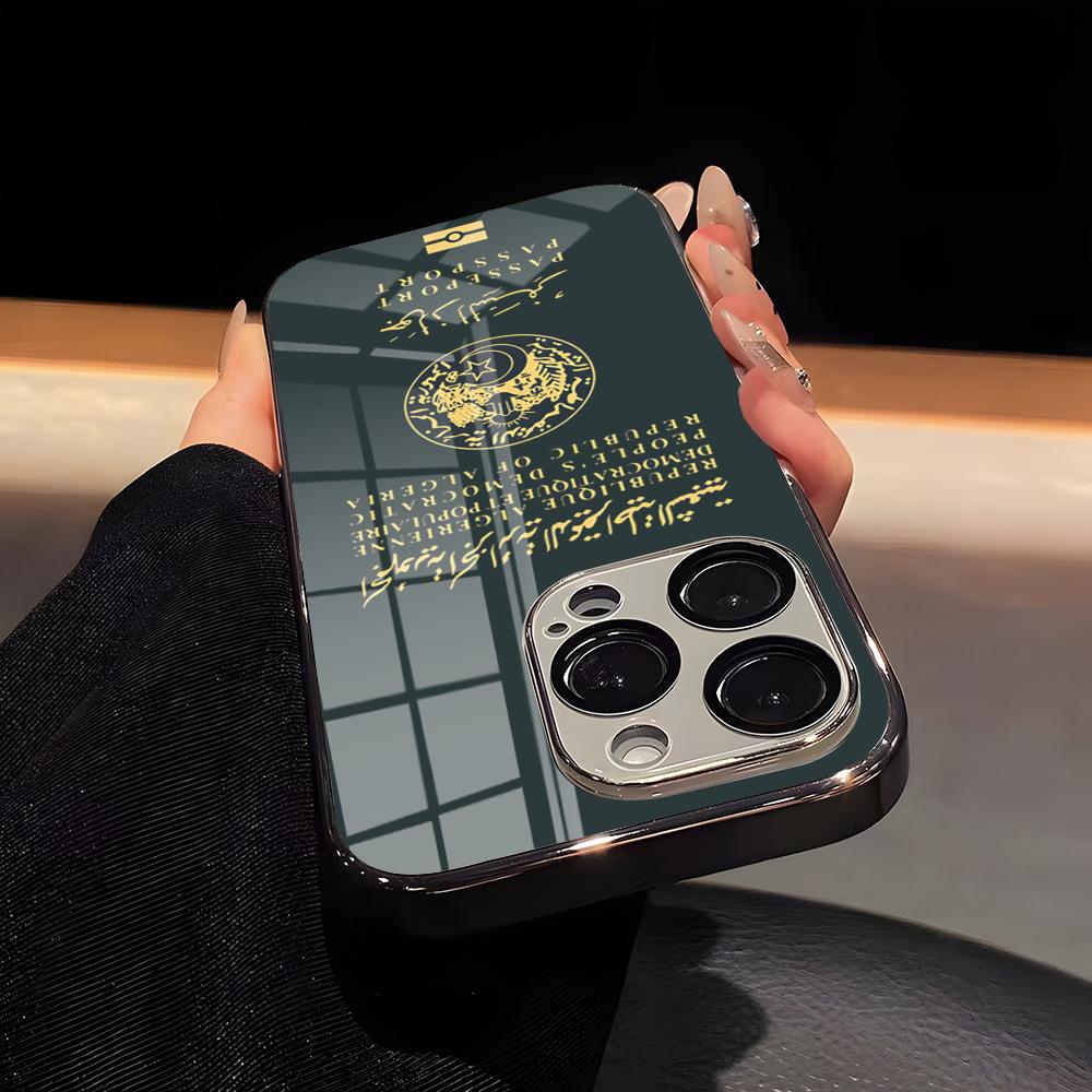 Algeria Passport Phone Case Luxury Glass Phone Case For IPhone 17 16 15 14 13 12 11 Pro Max Plating Frame Cover