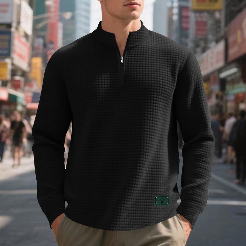 Spring/Autumn Minimalist Casual Men's Loose-Fit Jacquard Stand-Up Collar Half-Zip Base Layer Sweatshirt