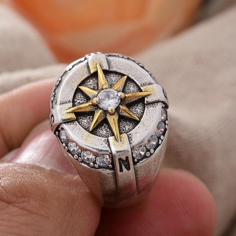 Vintage Compass Design Shiny Crystal Star Thai Silver Men Punk Ring  Hand Accessories Gifts