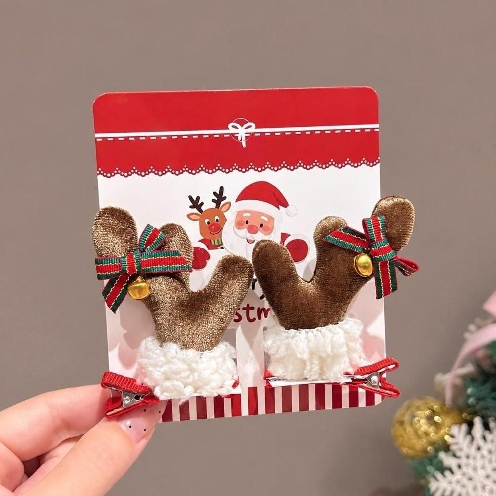 2pcs/set Pom-pom Reindeer Antler Hair Clips with Bow Plush Hair Clips for Kids