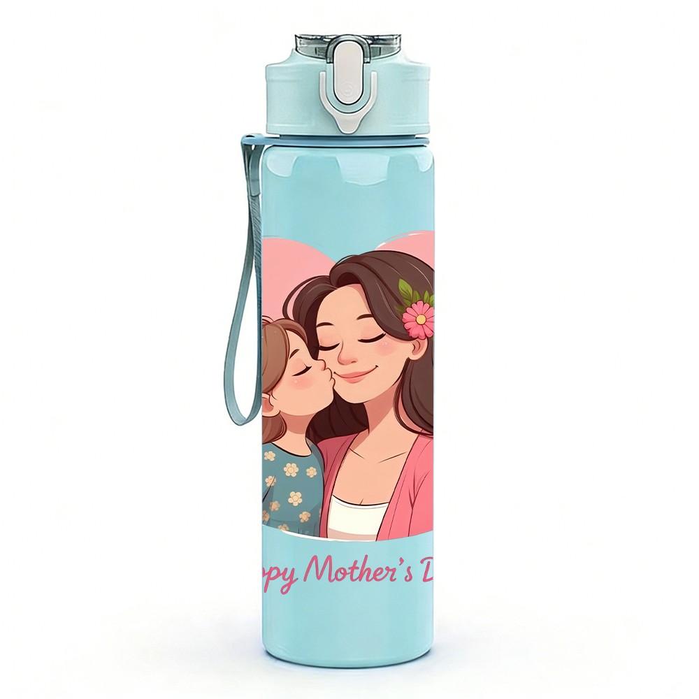 1PC Happy Mothers Day Heart Family Pattern 750ml Color Plastic Sports Water Bottle Leakproof Flip Straw Lid Suitable for Sports Office Home Use