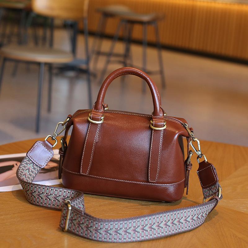First Layer Vegetable Tanned Cowhide Soft Leather Boston Bag Women'S Simple Fashion Trend Single Shoulder Crossbody Handbag Foreign Style