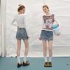 UNIFREE 2026 Spring Korean Style Distressed Denim Mini Skirt with Rhinestones