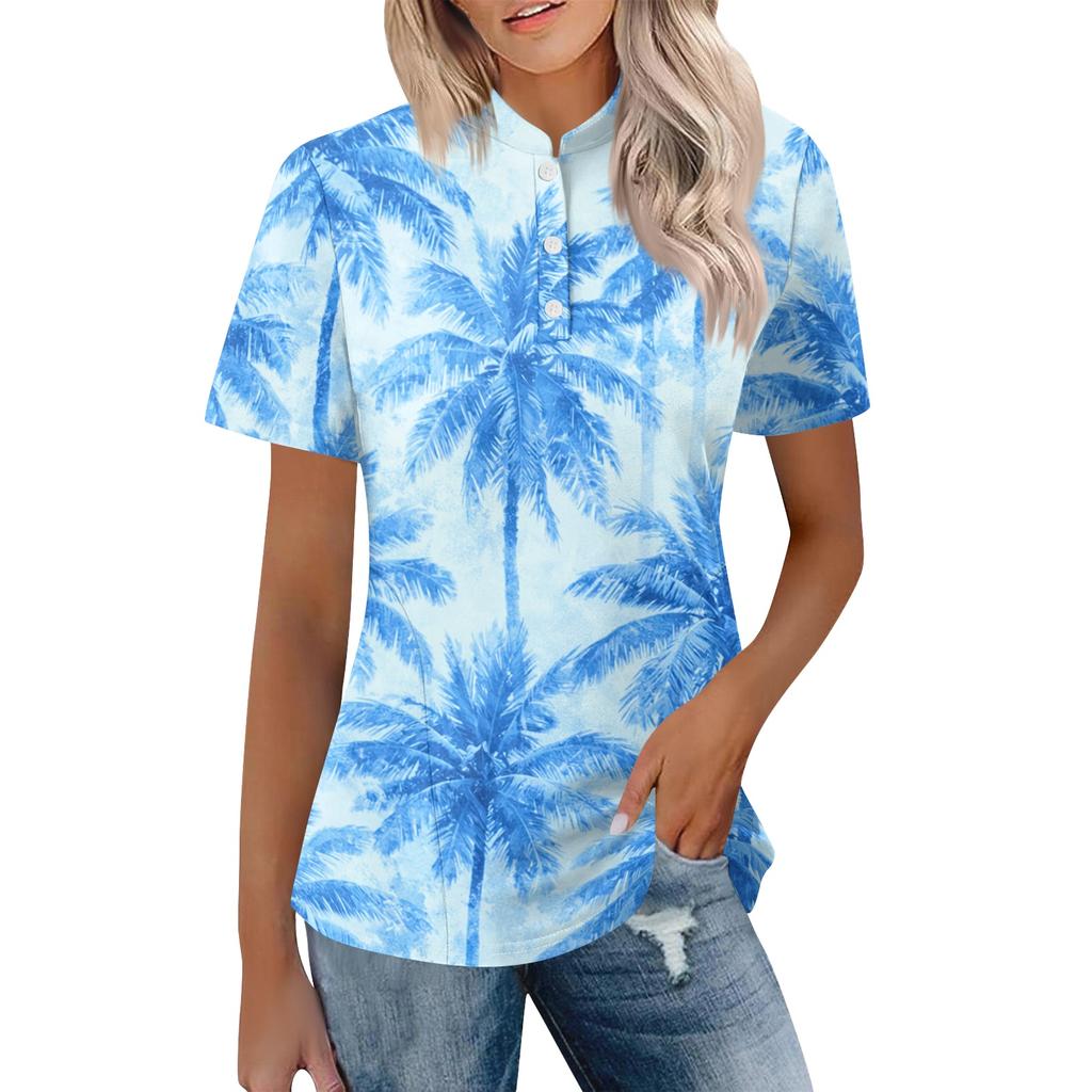 Women's Casual Polo Collar Short Sleeve Top Loose Fit Tropical Leaf Floral Print Shirt Summer Lightweight Blouse