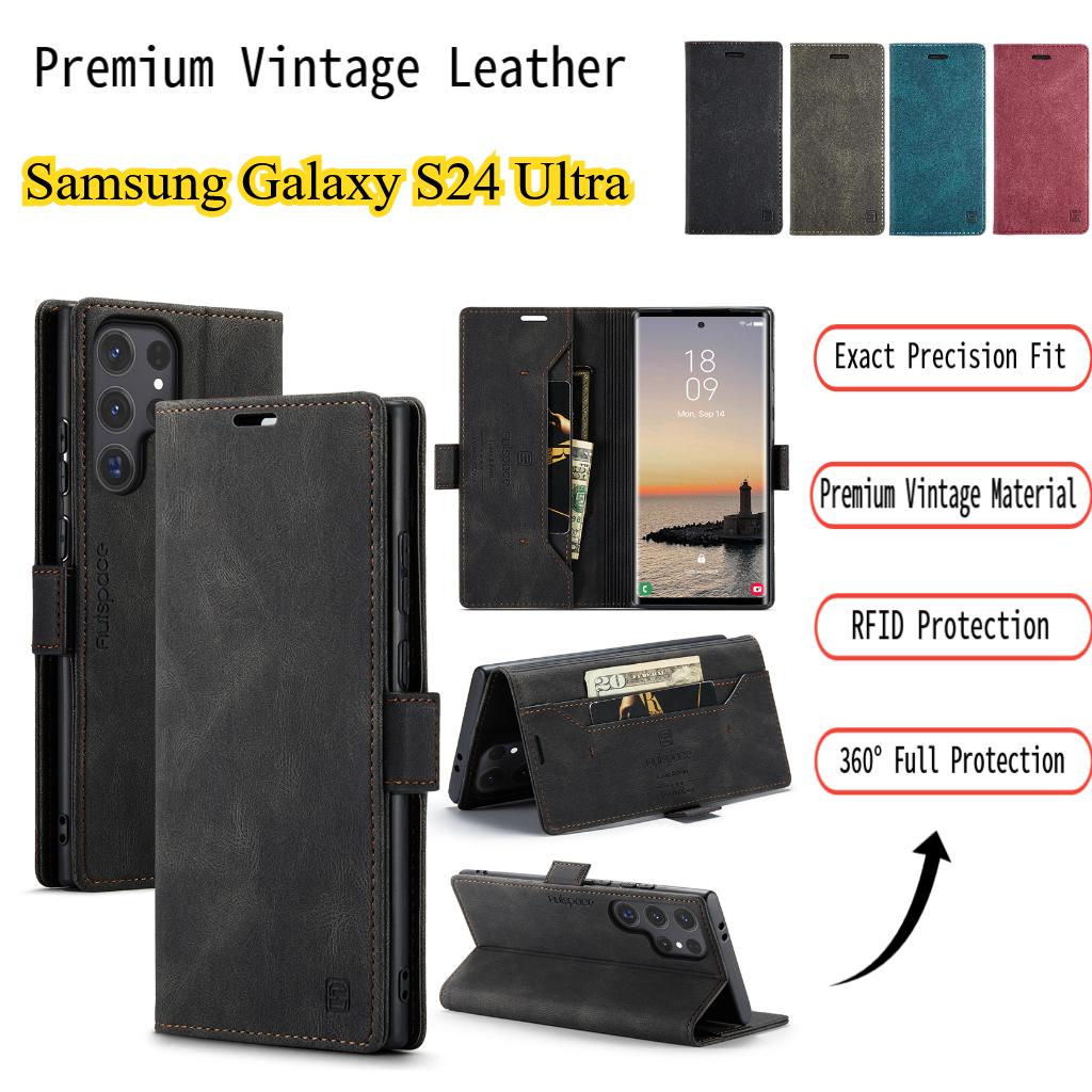 Premium Vintage Leather Wallet Case for Samsung Galaxy S24 Ultra - Flip Cover with Card Slots, Shockproof Retro Style (4 Colors)