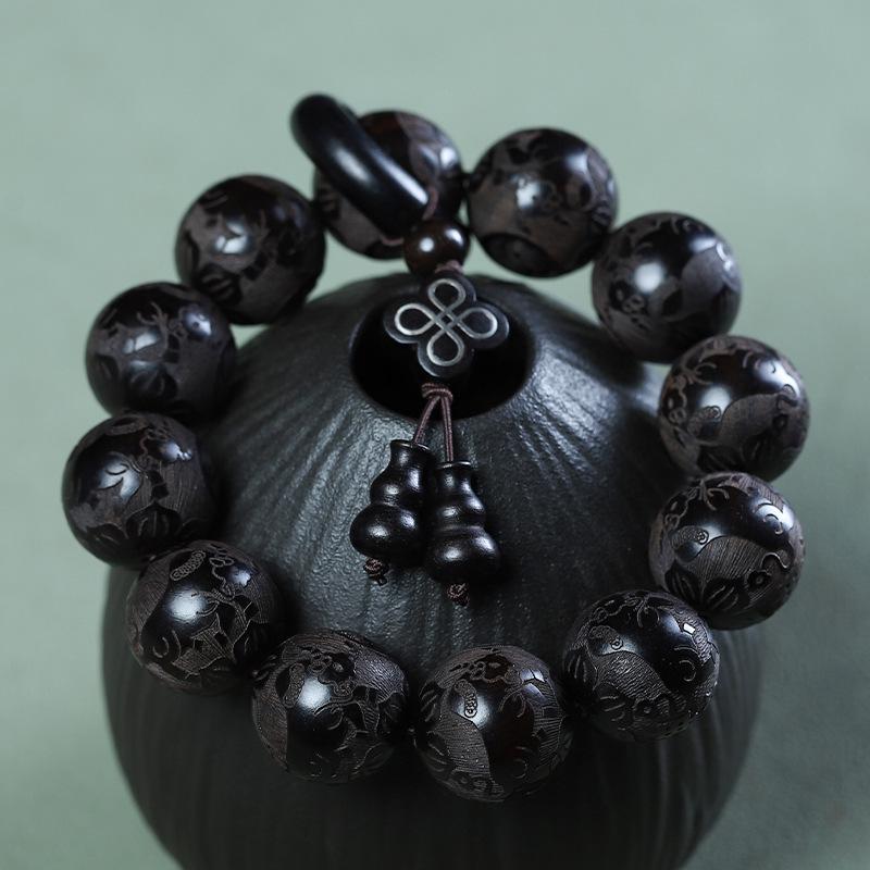 Exquisite 20mm Ethnic Buddhist Bead Bracelet with 12 Carved Beads, Unisex Rosary Pendant Style