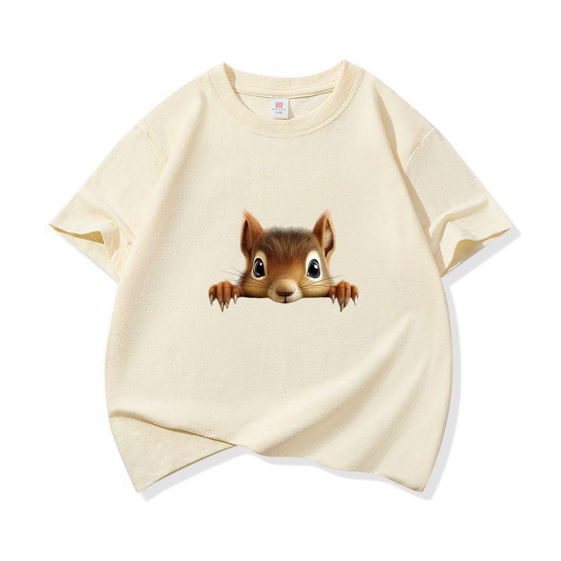 Kids Cotton T Shirt Cute Peeking Squirrel Print Crew Neck Short Sleeve Tee Casual Breathable Boys Girls Summer Tops