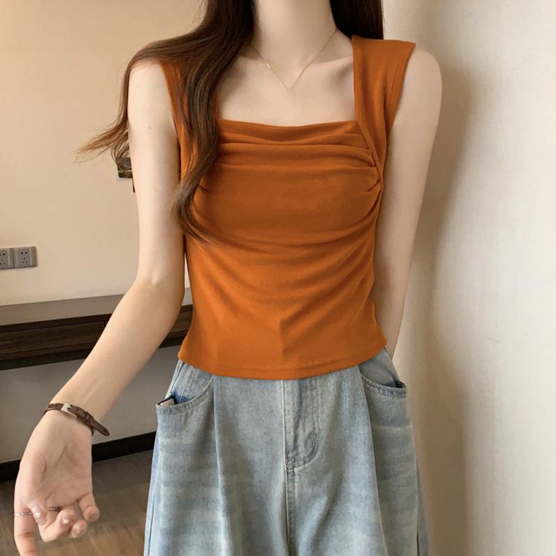 

Женская летняя модная мятая майка-слинг с квадратным вырезом, облегающая, универсальный однотонный жилет без рукавов, нижняя футболка M оранжевый