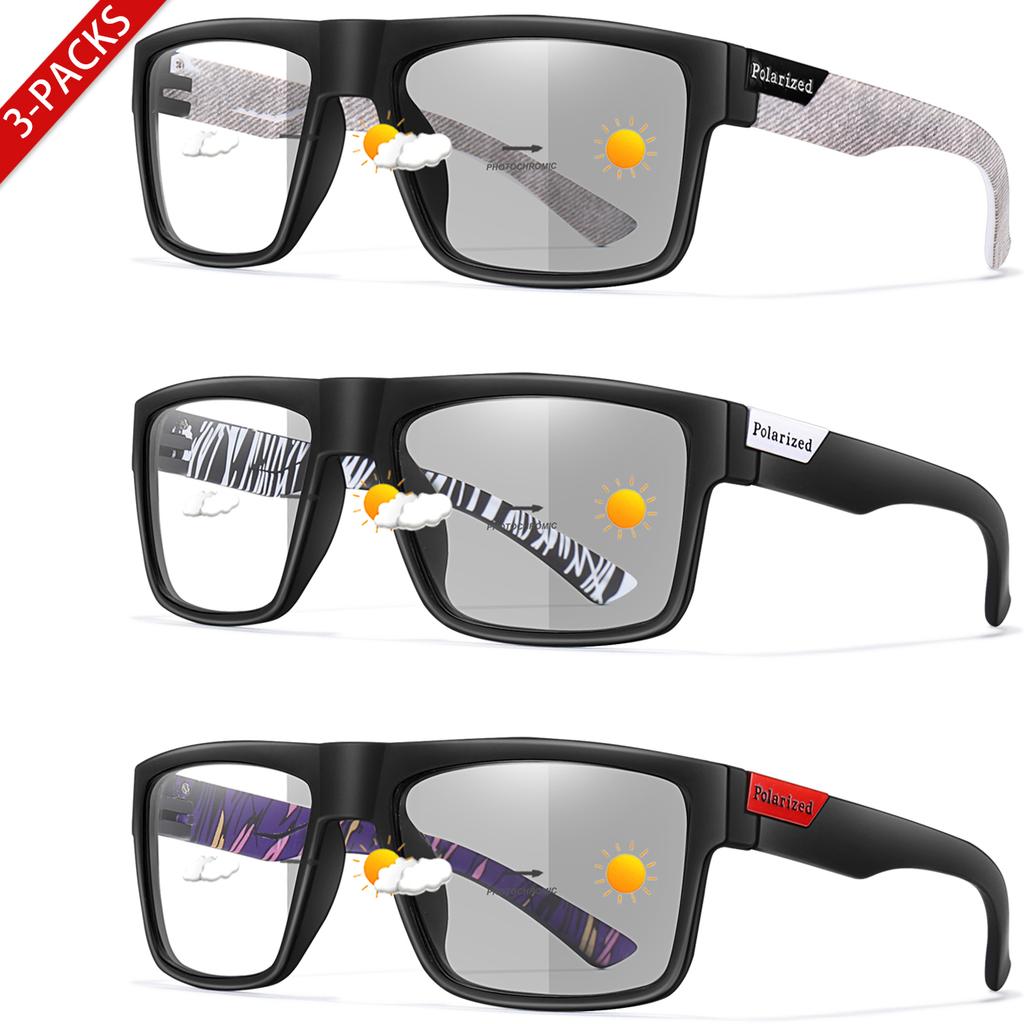 3-Pairs Classical Square Photochromic Sunglasses Outdoor Sports Cycling Running Driving Men Women Festival Party Wear Eyewear