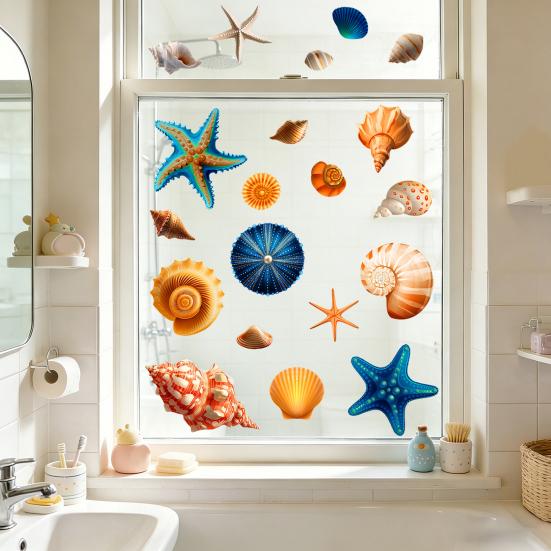 Pegatinas para Ventana de Caracolas y Estrellas de Mar, Adhesivo Impermeable para Ventana con Vida Marina del Océano, Pegatinas Estáticas Reutilizables para Puerta de Cristal, Suministros para Fiestas de Verano