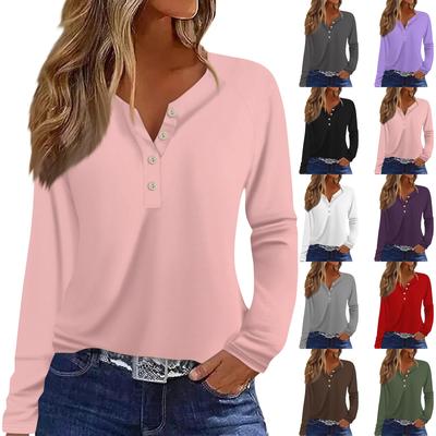 Damen T-Shirt mit V-Ausschnitt, lässig, einfarbig, bedruckt, lange Ärmel, Knopfleiste