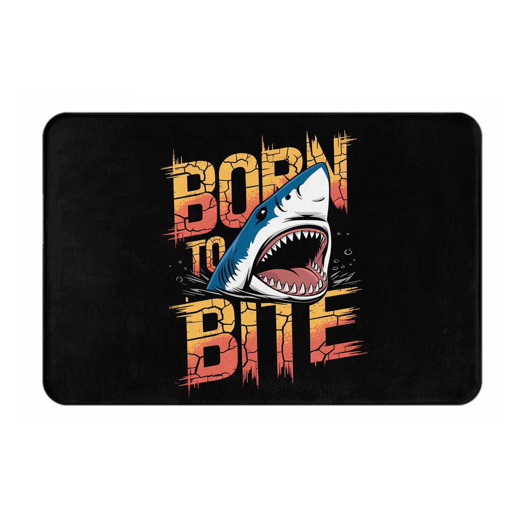 

Shark “Born to Bite” Doormat – Fierce Teeth Graphic, Orange/Red Distressed Text on Black, Soft Plush, Non-Slip, Machine Washable 40cm x 60cm