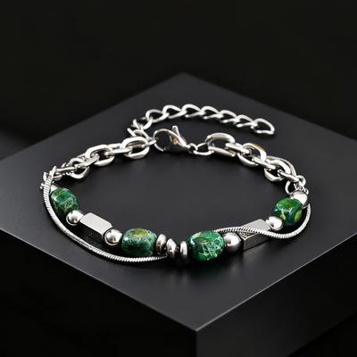 Fashion Green Natural Stone Bracelet for Men, Stainless Steel Double-layer Chain Bracelet, New Hip Hop Punk Jewelry Gifts