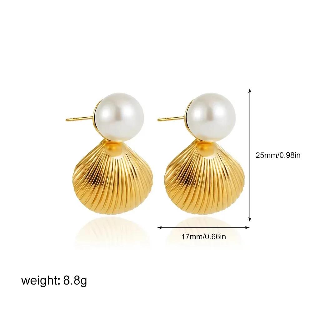 Gold Color Metal Texture Shell-shape Stud Earrings Women 18K Gold Plated Starfish Pendant Layered Chain Necklace Beach Jewelry
