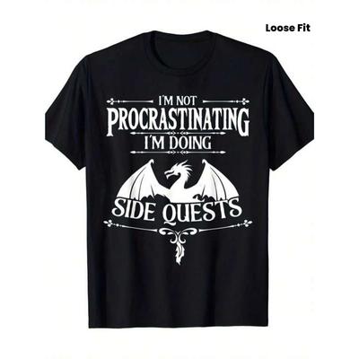 European Sizes Men'S Funny Gaming T-Shirt "I'm Not Procrastinating I'm Doing Side Quests" with Dragon Silhouette