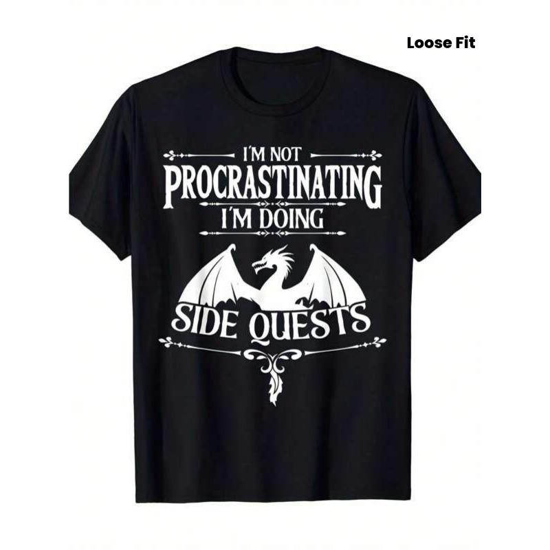 

European sizes Men S Funny Gaming T-Shirt I m Not Procrastinating I m Doing Side Quests with Dragon Silhouette 4XL чорний